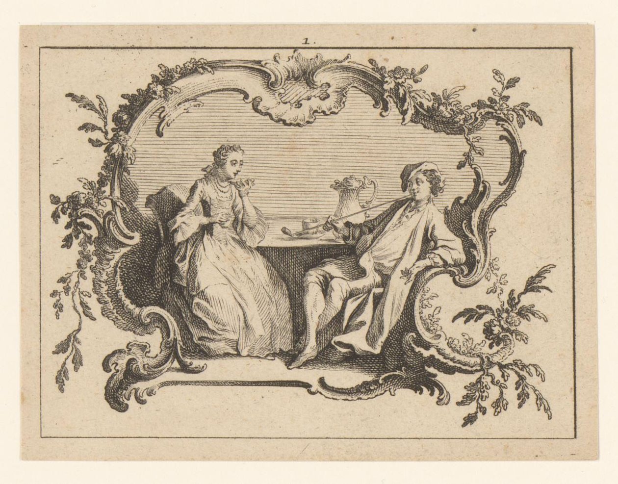 Kvinde og mand ryger pibe ved bordet i en cartouche Rygere på rokoko ornament (serietitel) af Johann Esaias Nilson