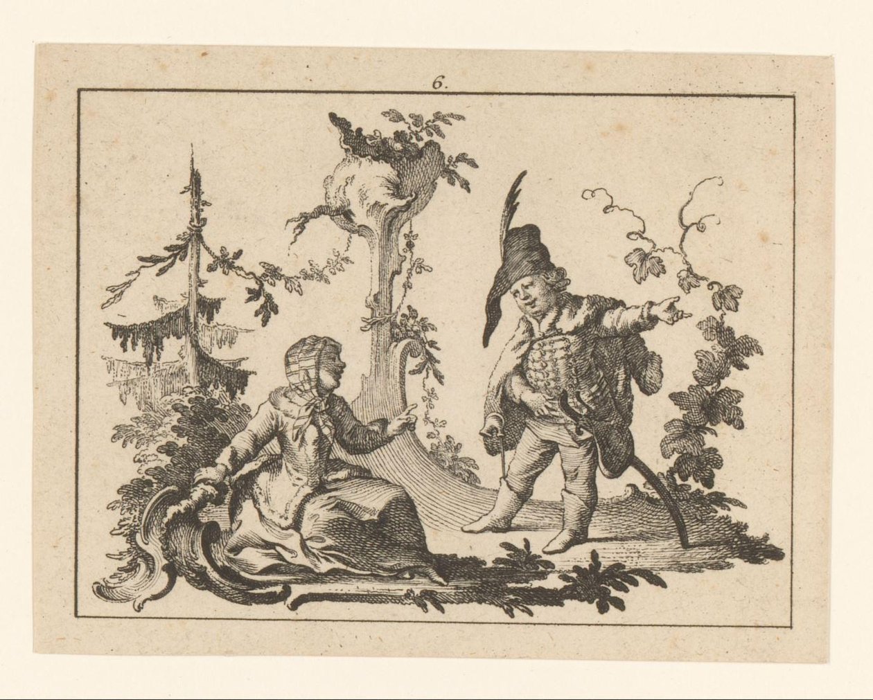Siddende kvinde med en stående mand med en pibe ved siden af ​​sig på en rokoko ornament Rygere på rokoko ornament (serietitel) af Johann Esaias Nilson