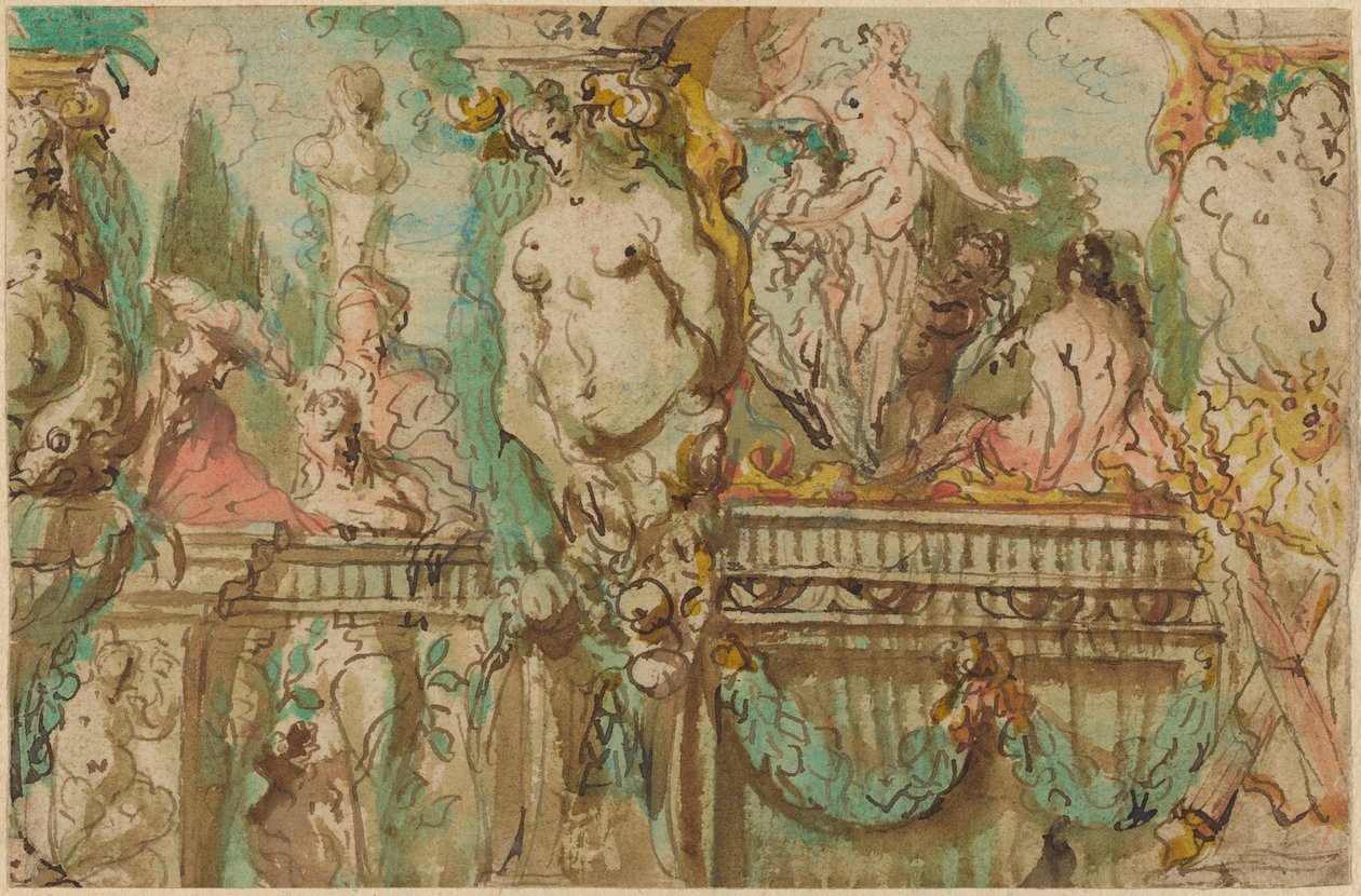 Et loftdesign med allegoriske figurer af Johann Evangelist Holzer