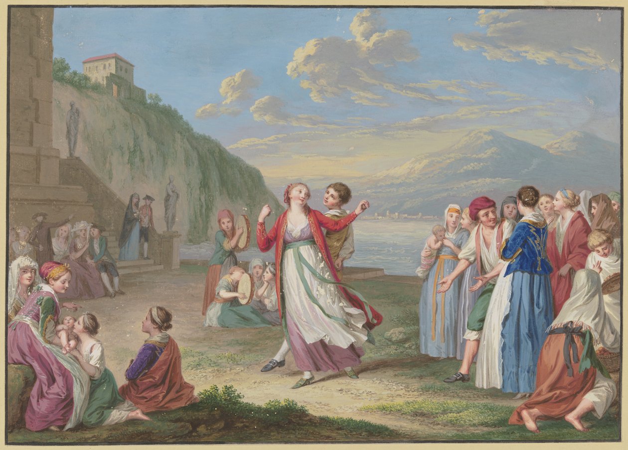 Italienske landboere underholder sig ved søbredden med leg og dans, med høje bjerge i baggrunden af Johann Friedrich August Tischbein
