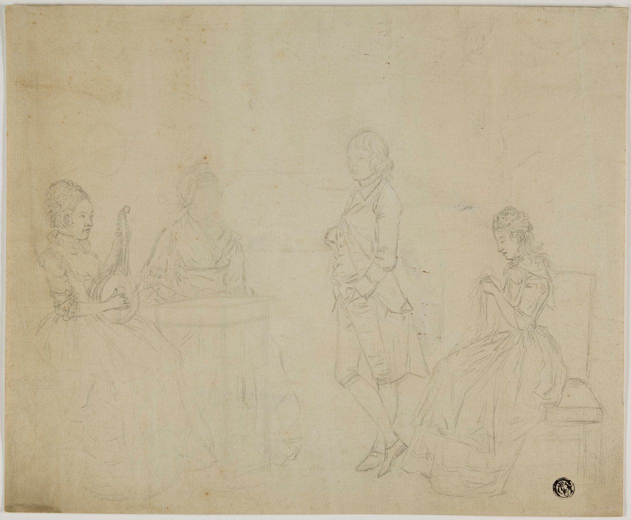 Skitse af familiegruppe med tre siddende kvinder og stående ung mand af Johann Friedrich August Tischbein