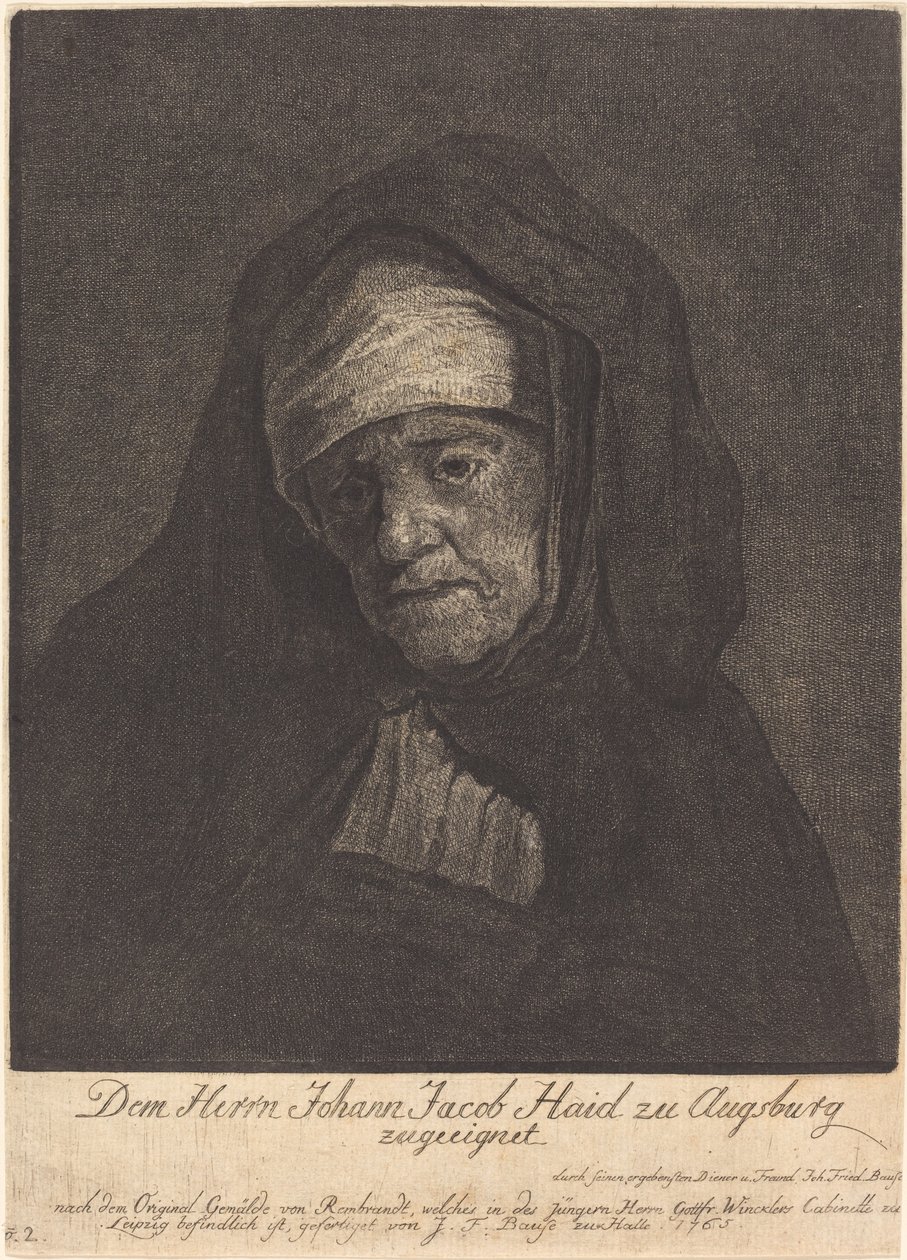 Leder af en ældre kvinde af Johann Friedrich Bause after Rembrandt van Rijn