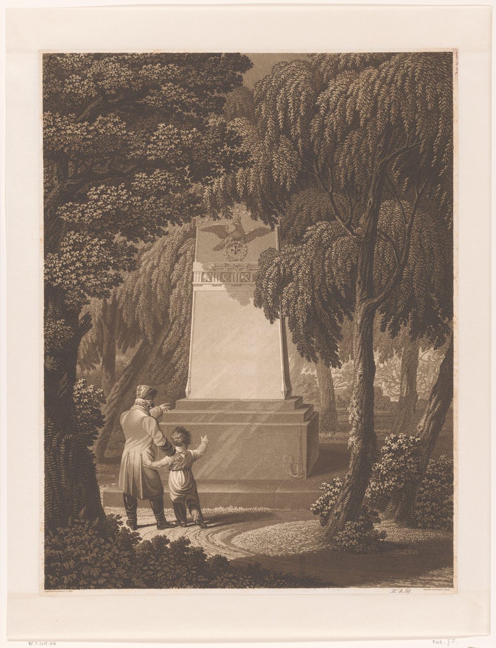 Mand med et barn til et monument for en dræbt hærofficer af Johann Friedrich Frick
