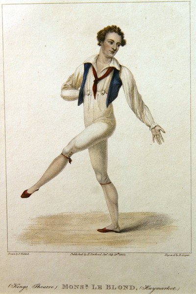Portræt af Monsieur Le Blond, en danser på Haymarket Theatre, London, dansende med strakt ben og arm, graveret af R. Cooper af Johann Friedrich Maximilian von (after) Waldeck