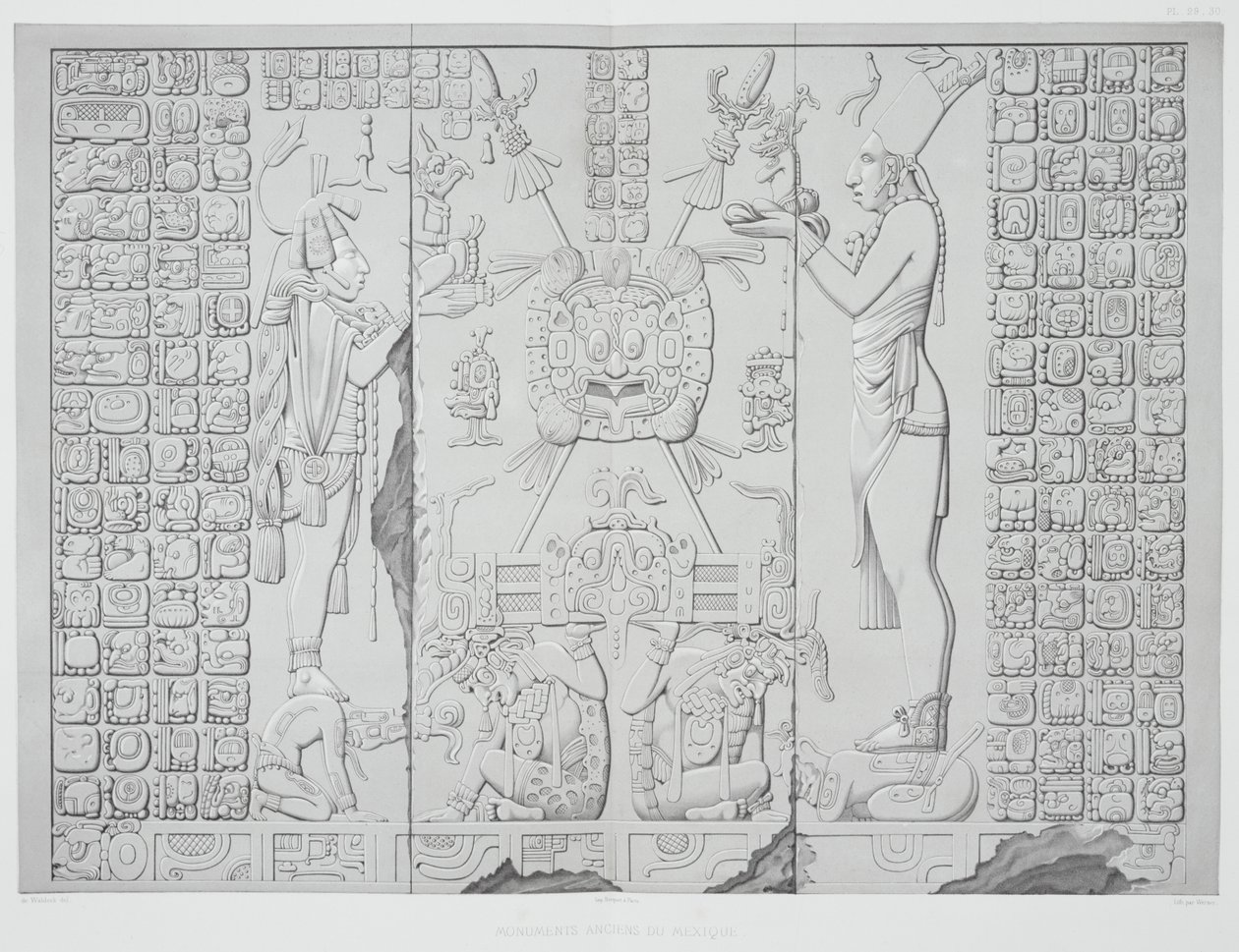 Relief forestillende en præst med offergaver fra Soltemplets helligdom, Palenque, plader 29 og 30 fra Mexicos gamle monumenter, indgraveret af Werner, 1866 af Johann Friedrich Maximilian von Waldeck