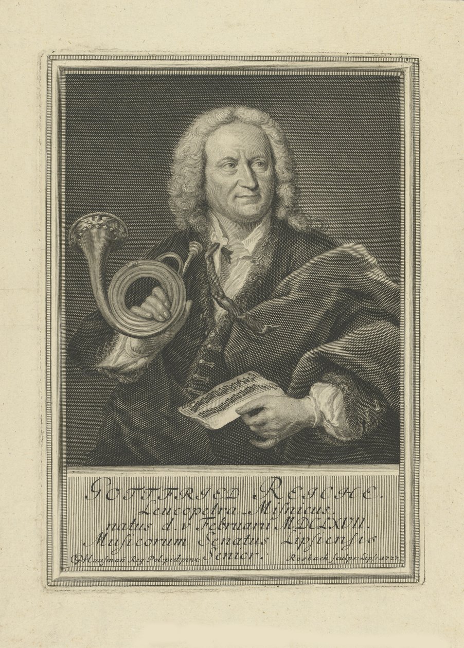 Portræt af trompetisten og komponisten Gottfried Reiche 1667-1734, 1727. af Johann Friedrich Rosbach