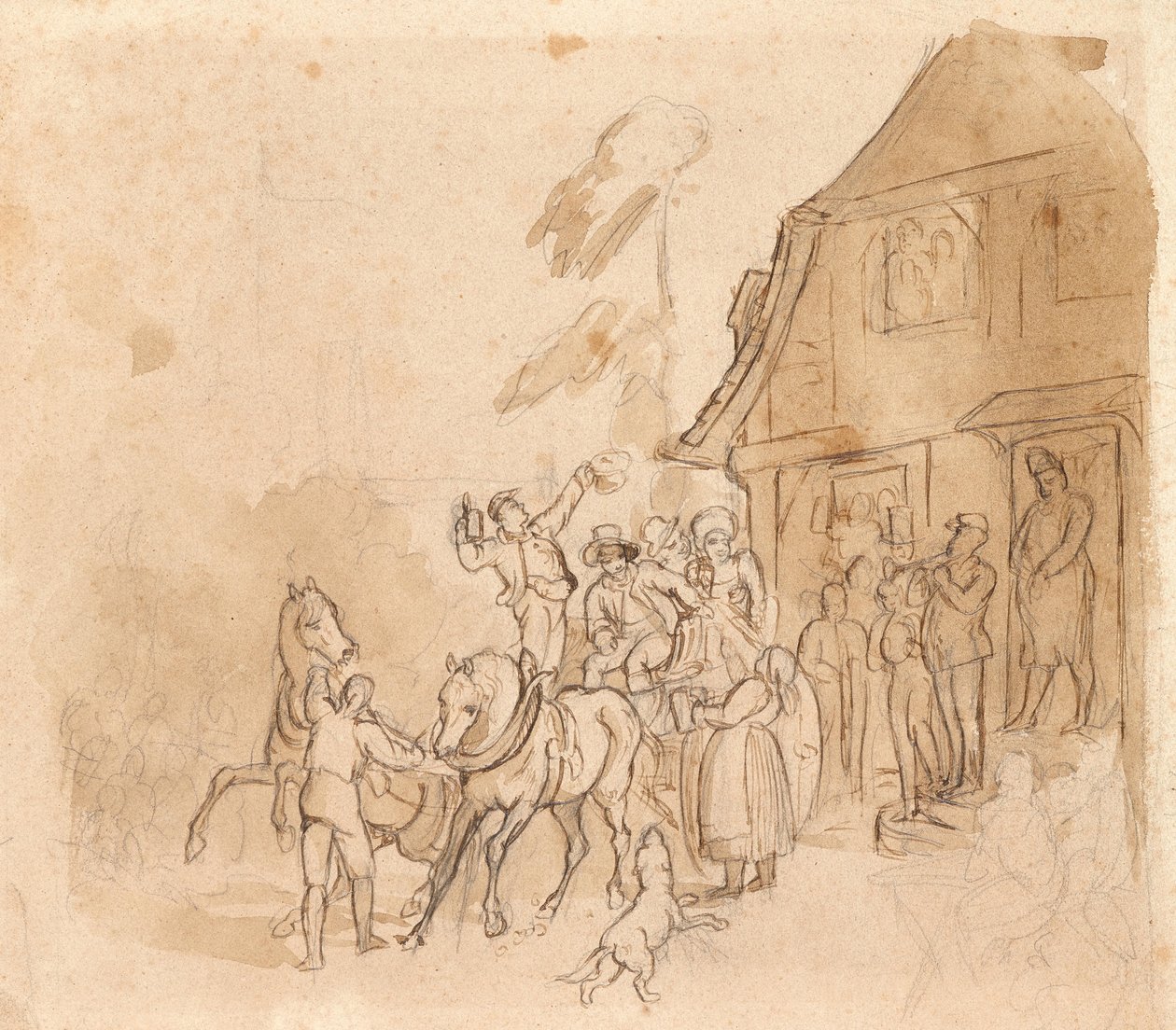 Hestevogn med øldrikkere foran pub. af Johann Friedrich Voltz