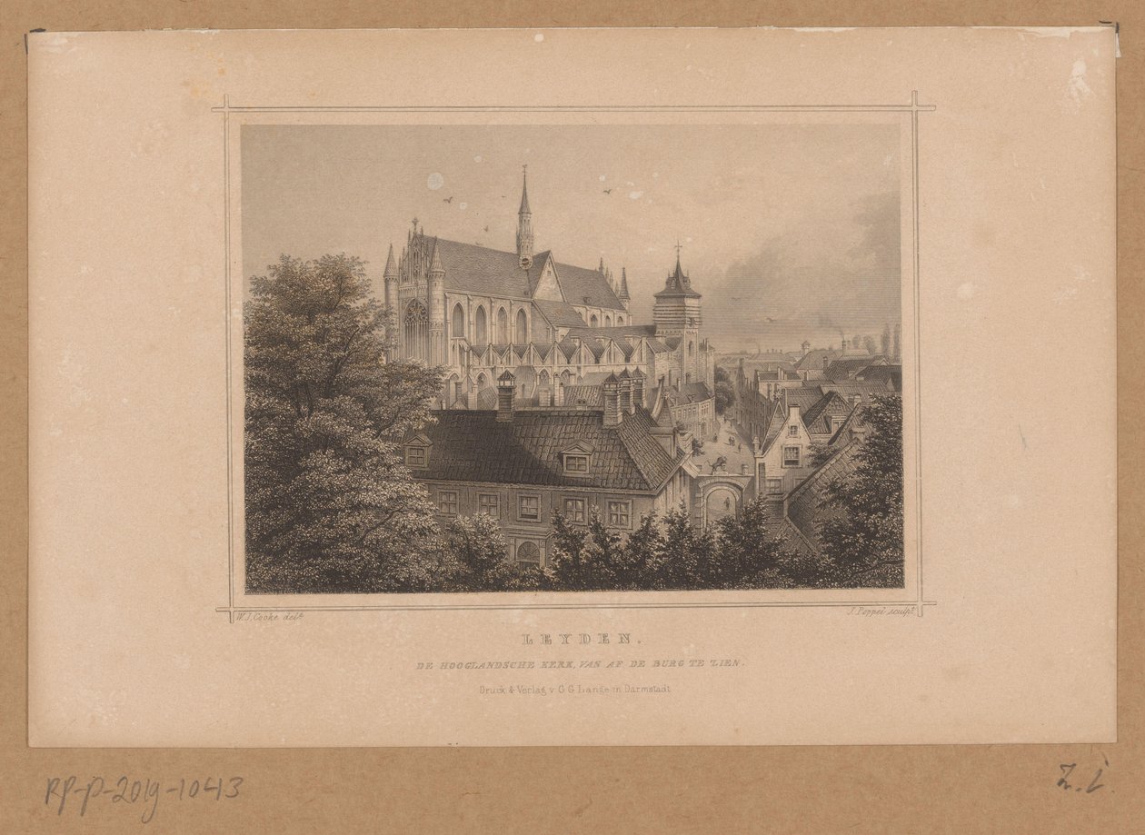 Udsigt over Hooglandse Kerk i Leiden Leyden, De Hooglandsche kerk, set fra burg (titel på objekt) af Johann Gabriel Friedrich Poppel
