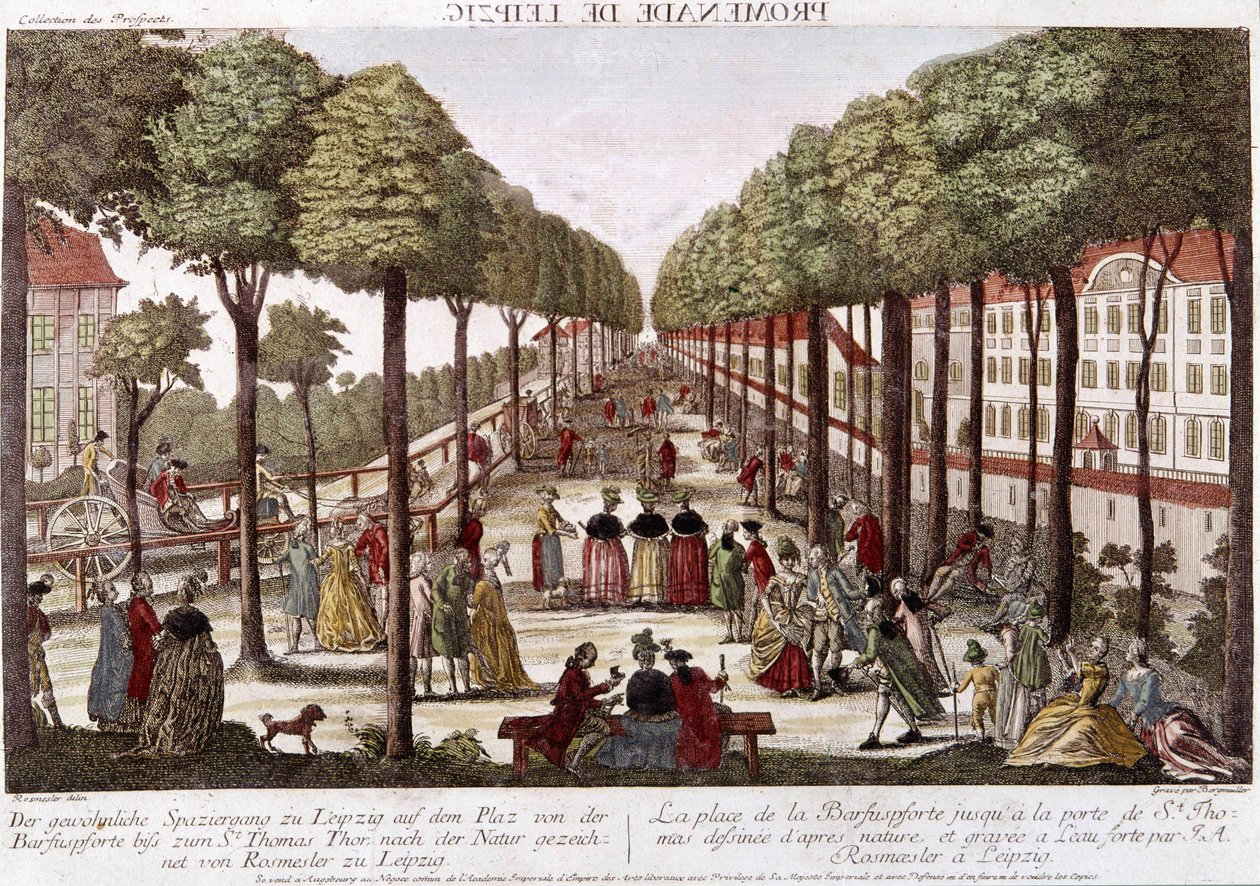 Leipzig-promenaden i slutningen af det 18. århundrede. gravering af Rosmesler & Bergmuller. af Johann Georg Bergmuller