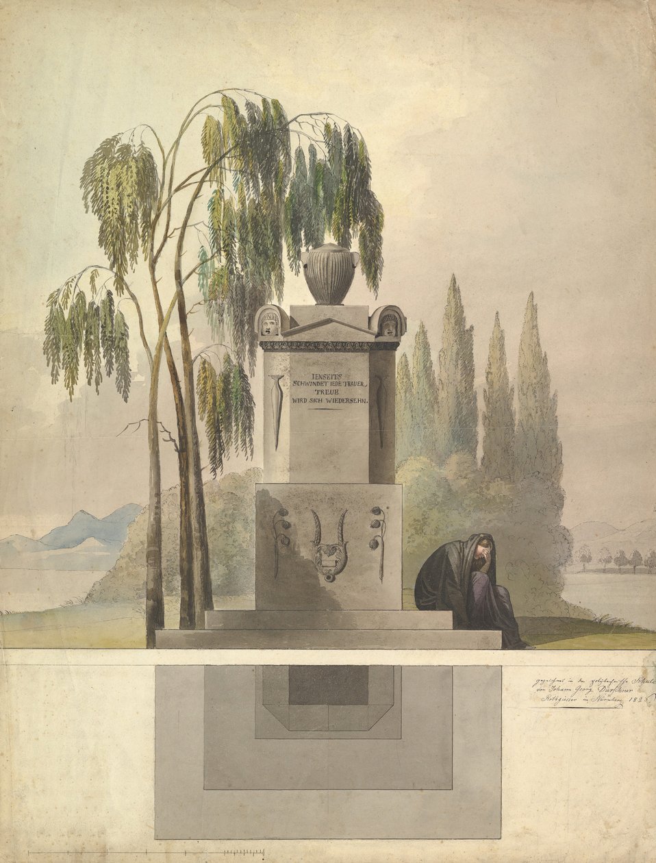 Design for a Tomb, Rothgeisser i Nürnberg Elevation and Ground Plan, 1826. af Johann Georg Dürschner