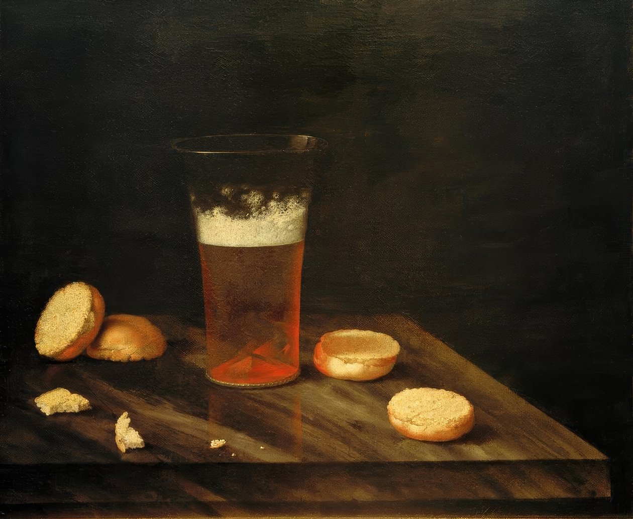 Stilleben med et ølglas og rundstykker af Johann Georg Hainz