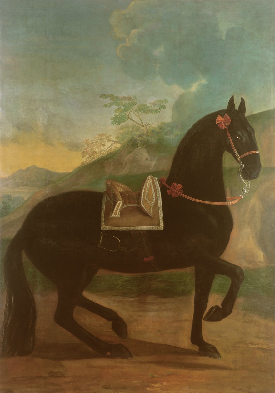 En sort hest med en spansk sadel af Johann Georg Hamilton