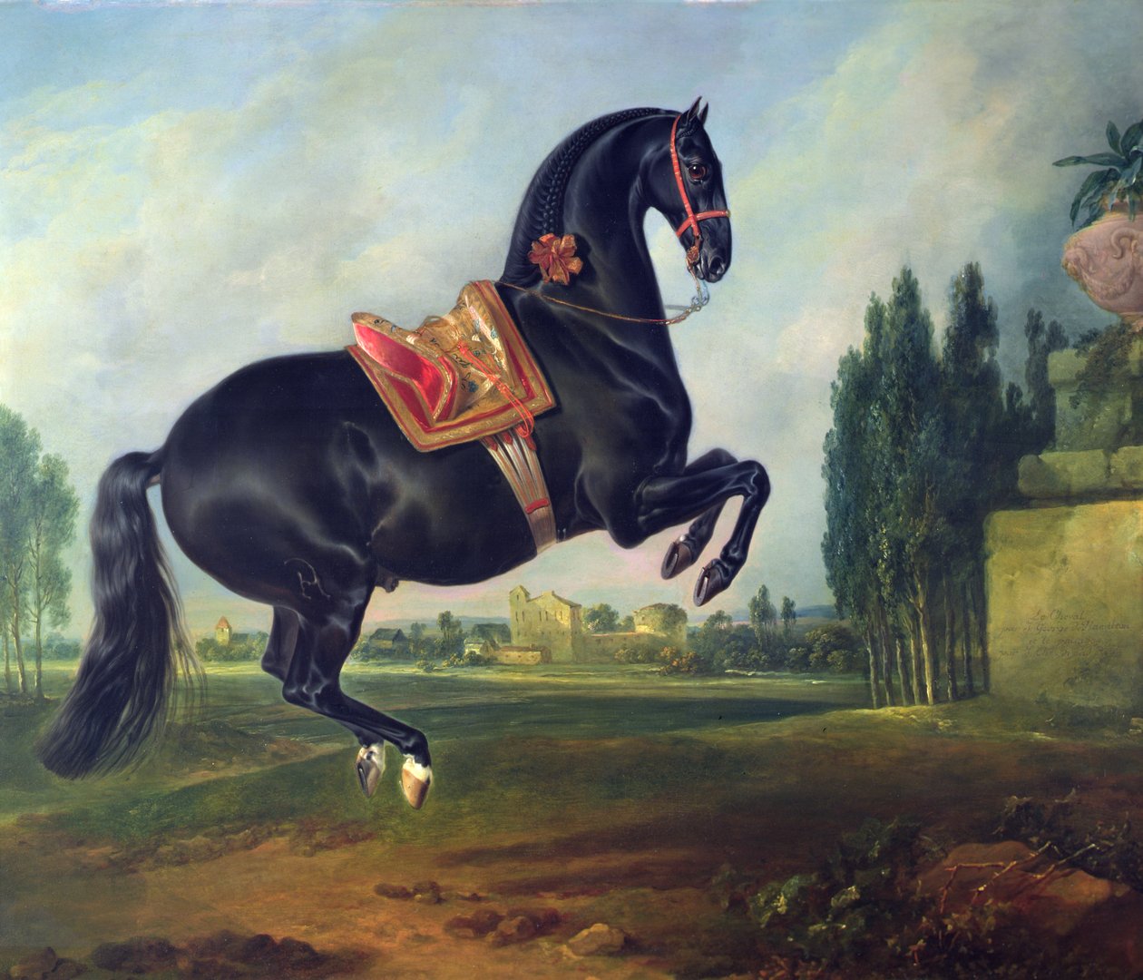 En sort hest, der udfører Courbette (for detaljer se 264709) af Johann Georg Hamilton
