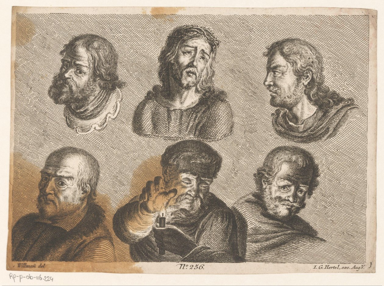 Seks mænds hoveder, inklusive Kristus og en mand med stearinlys af Johann Georg Hertel (I) (possibly)