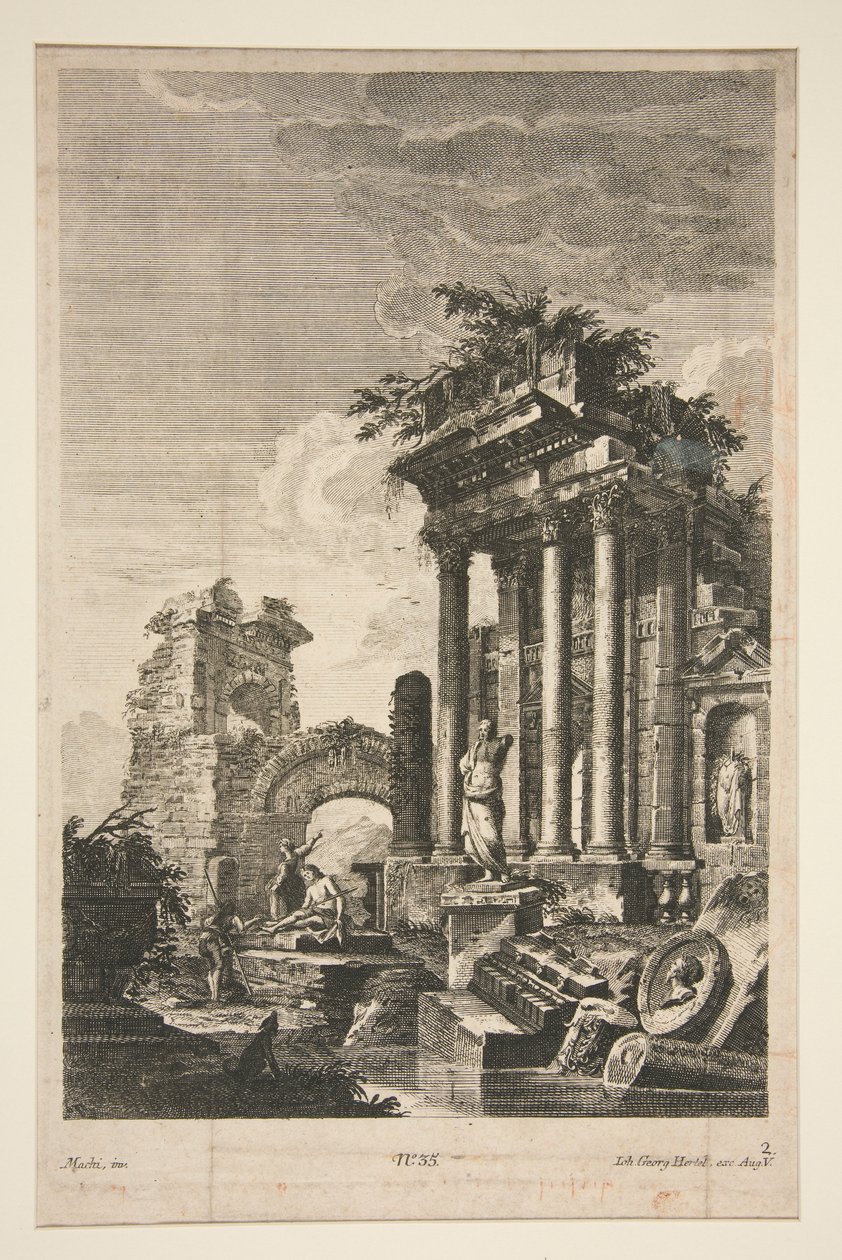 Capriccio med romerske ruiner af Johann Georg Hertel
