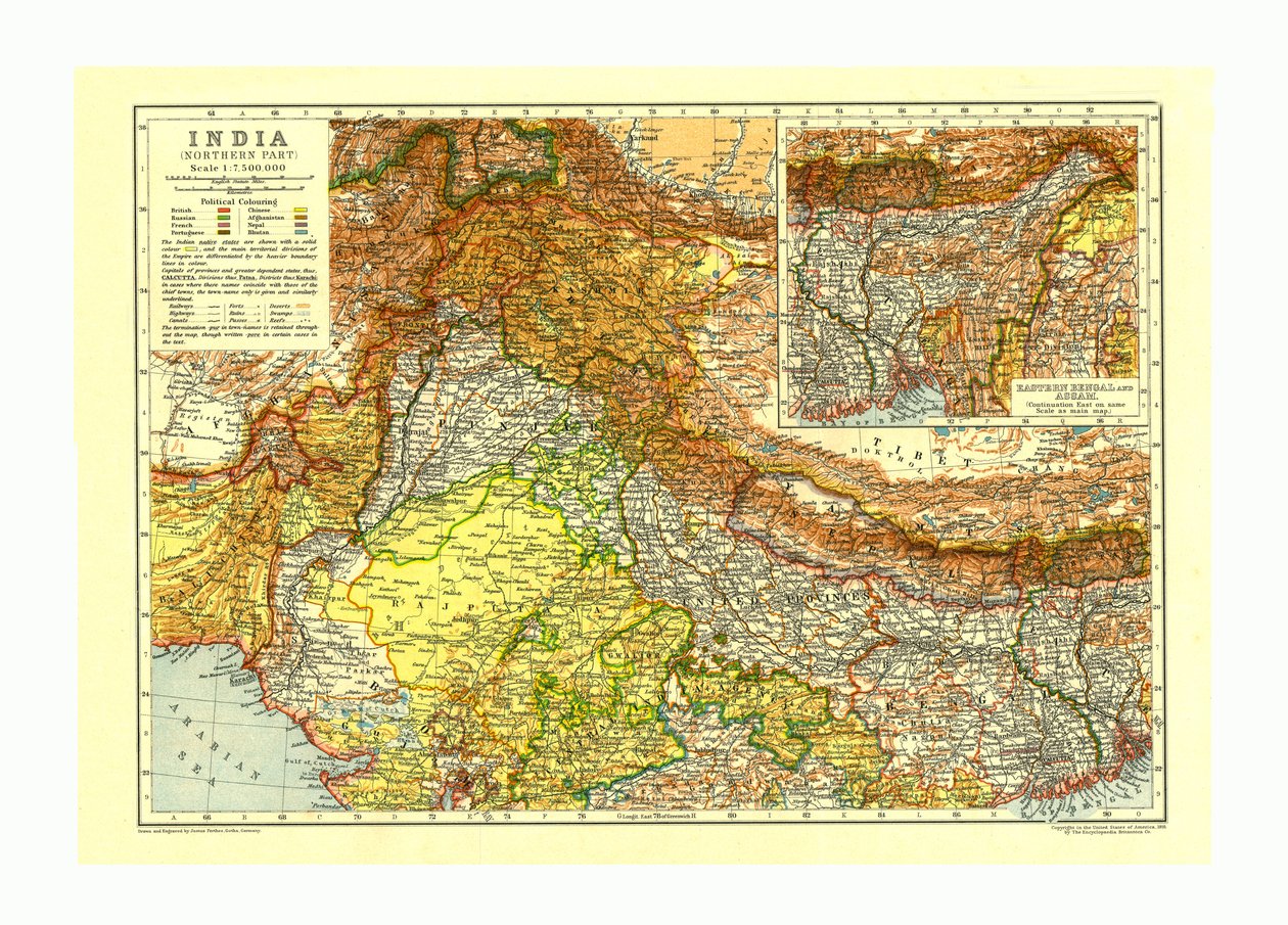 Kort over Indiens nordlige del, c1910 af Johann Georg Justus Perthes