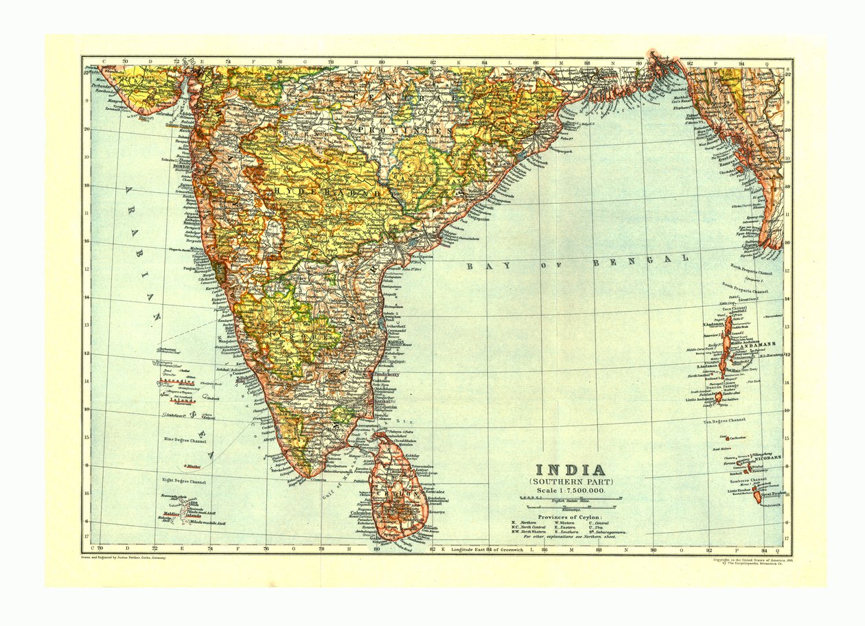 Kort over Indiens sydlige del, c1910 af Johann Georg Justus Perthes