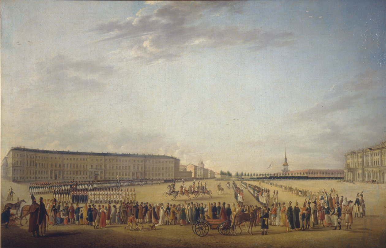 Vagtskifte på Slotspladsen i Sankt Petersborg, ca. 1800 af Johann Georg Mayr