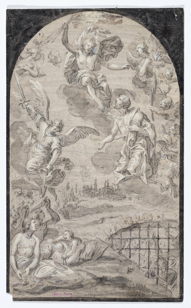 Helgen, der beder Kristus om ikke at kaste tordenkilen mod byen Augsburg, ca. 1501-1600 (sort kridt, pen og sort blæk, grå og sort lav og hvid bodycolour på gråpapir) af Johann Georg Melchior (1625 1705) Schmittner