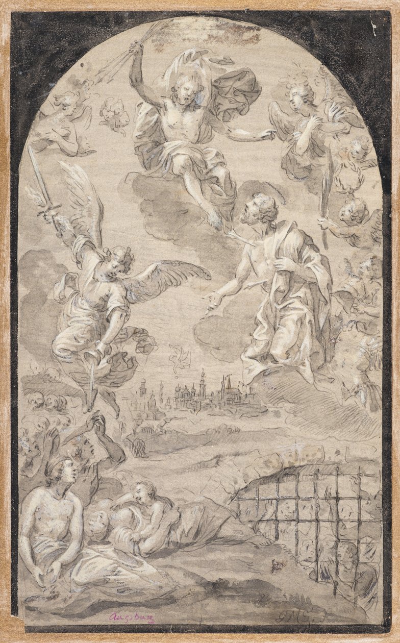 Helgen, der går i forbøn med Kristus for ikke at kaste torden over byen Augsburg af Johann Georg Melchior (1625 1705) Schmittner