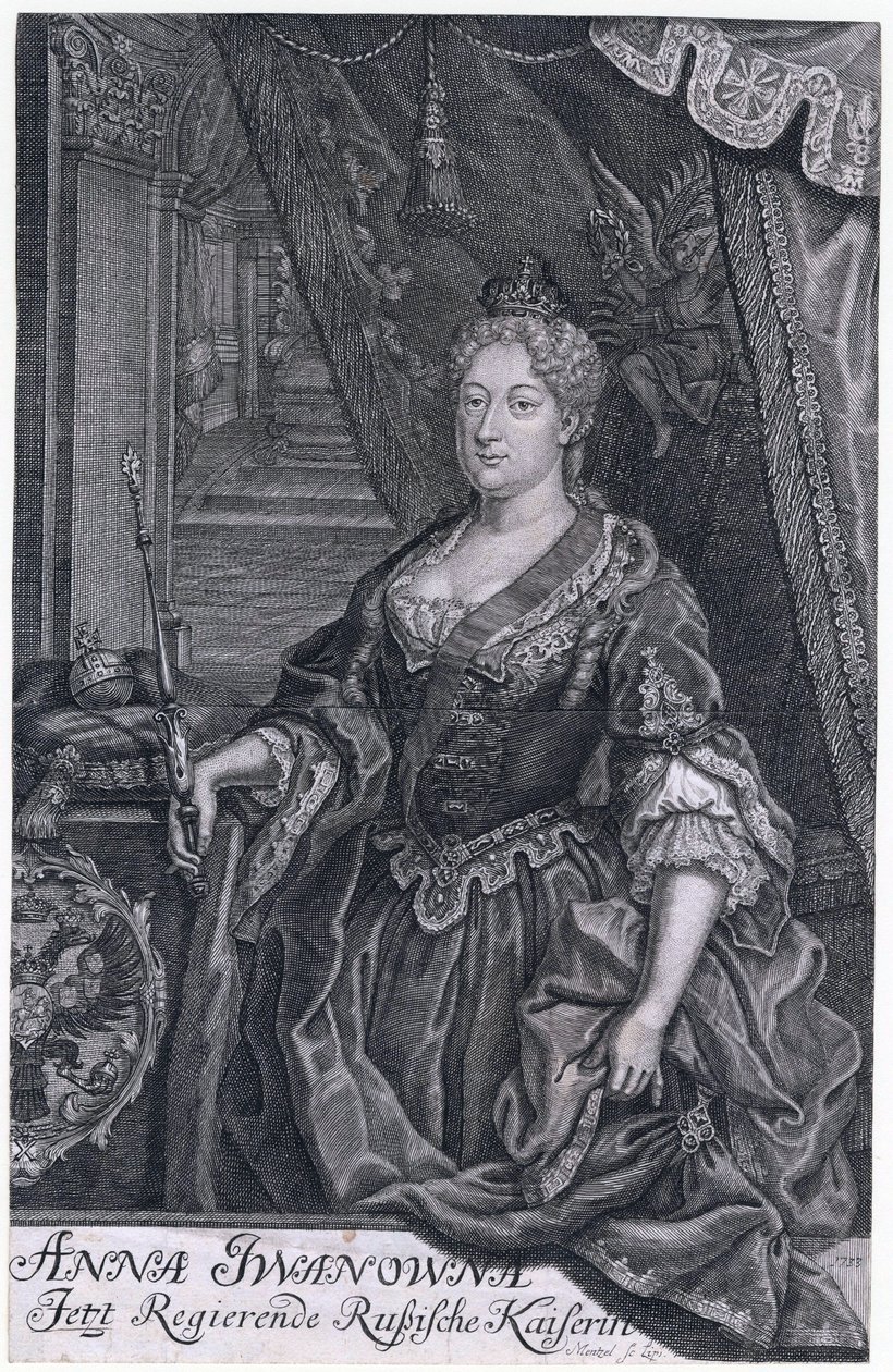 Anna Ivanovna var kejserinde af Rusland fra 30. januar 1730 til 29. oktober 1740. - Portræt af kejserinde Anna Ioannovna (1693-1740) - Mentzel (Menzel), Johann Georg (1677-1743) - 1733 - Kobberstik - 32,3x2. 6 -Privat indsamling af Johann Georg Menzel