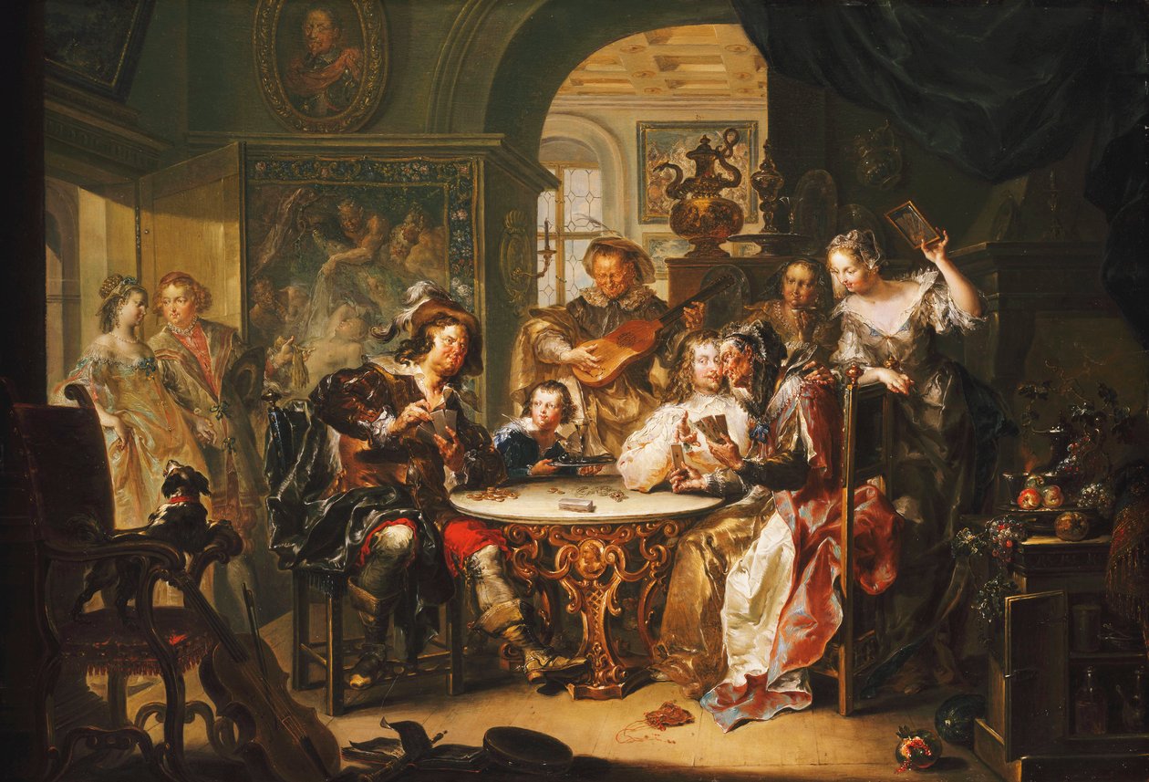 En gentleman, der snyder på Cards med en ældre dame i et overdådigt interiør, af Johann Georg Platzer