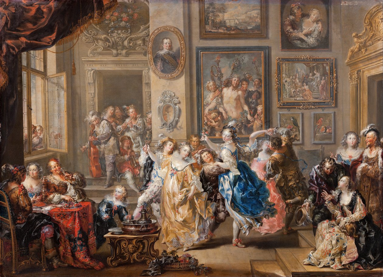 Dansescene i palads, ca. 1730 (olie på kobber) af Johann Georg Platzer