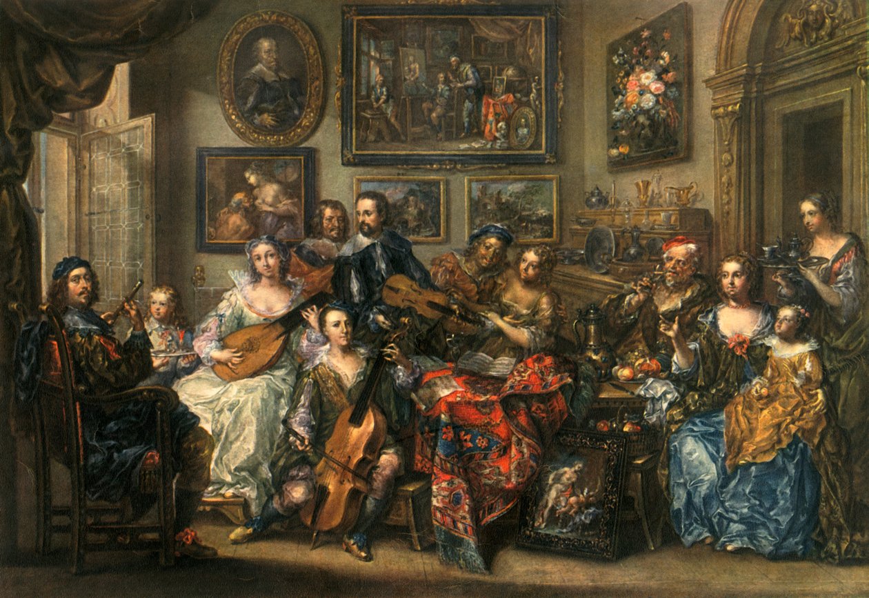 Fløjte, lut, cello og violin, Johann Georg Platzer 1704-1761, 1948 af Johann Georg Platzer