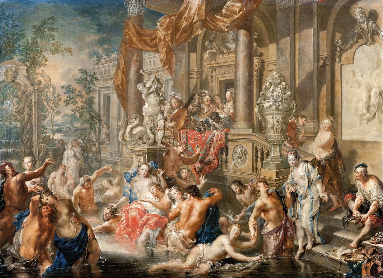 Fontænescene foran et palads, 1731-1734. af Johann Georg Platzer
