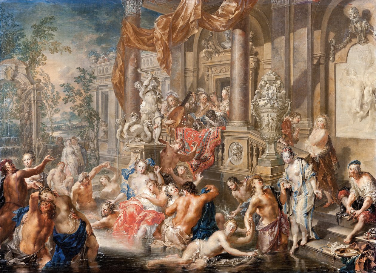 Fontænescene foran et palads, ca. 1730 (olie på kobber) af Johann Georg Platzer