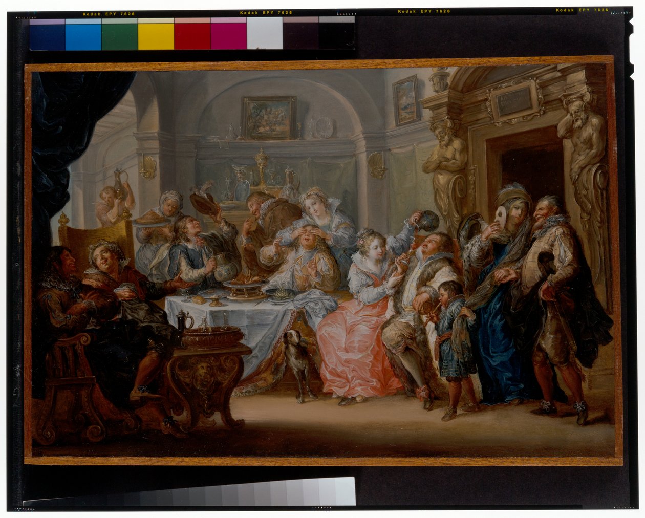 Interiør med elegante figurer i maskeradedragt fest af Johann Georg Platzer