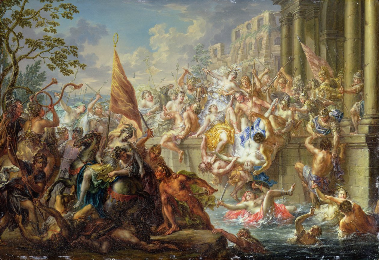 Slaget ved Amazonerne, ca. 1730 (olie på kobber) af Johann Georg Platzer