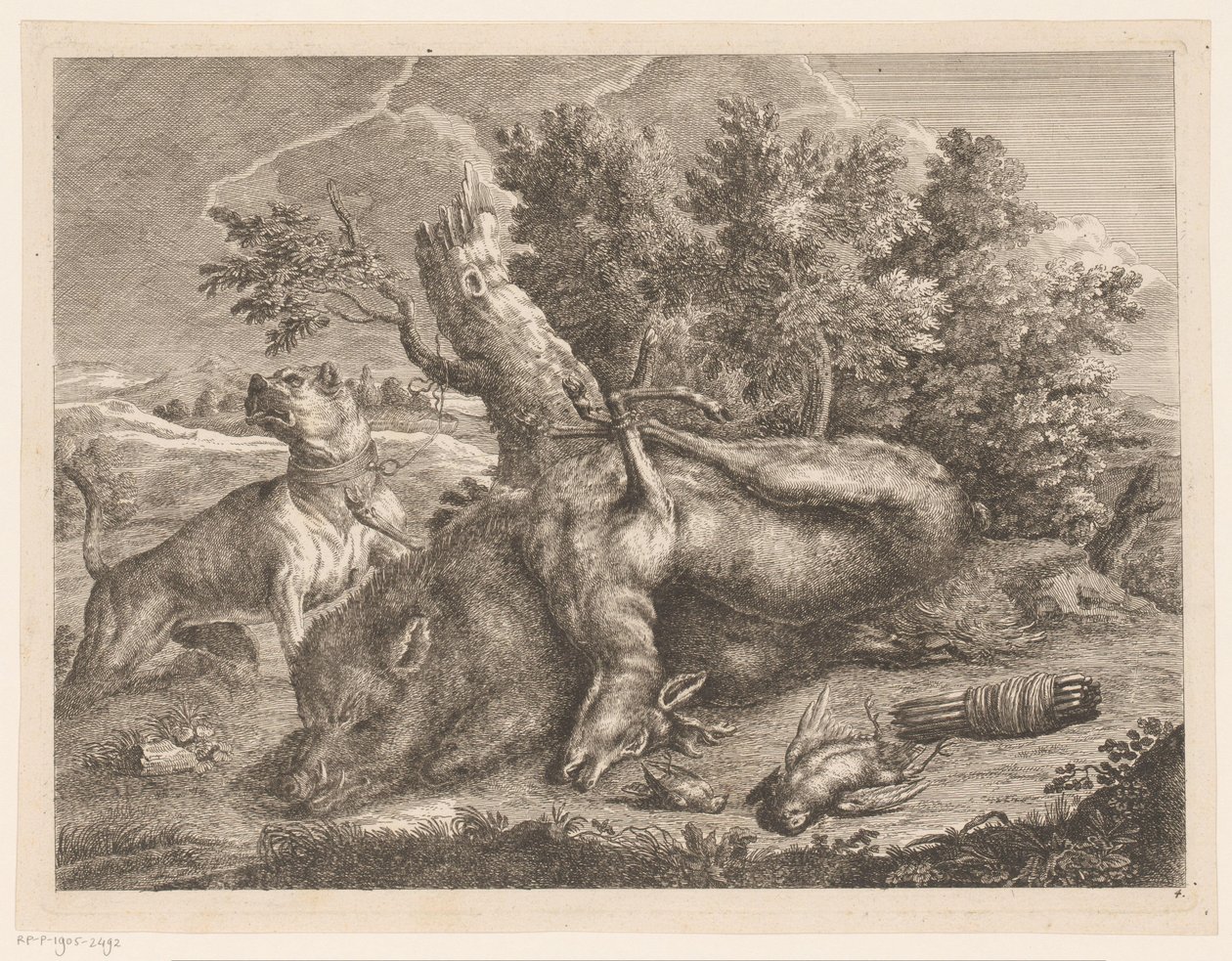 Jagthund og bytte med orner, rådyr og fugle Jagtstøvler (serietitel) af Johann Georg Wachsschlunger