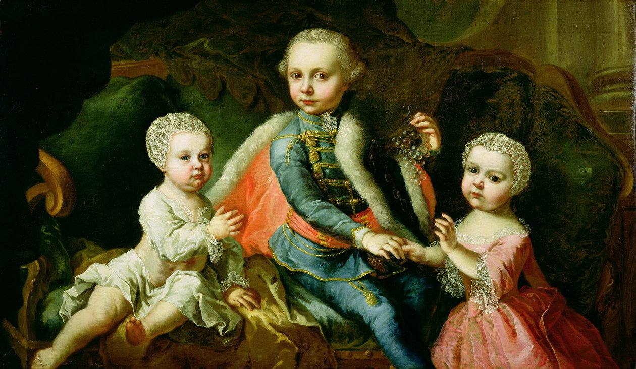 Tre børn siddende på en sofa, siges at være medlemmer af Esterhazy-familien, 1771 (olie på uforet lærred) af Johann Georg Weikert