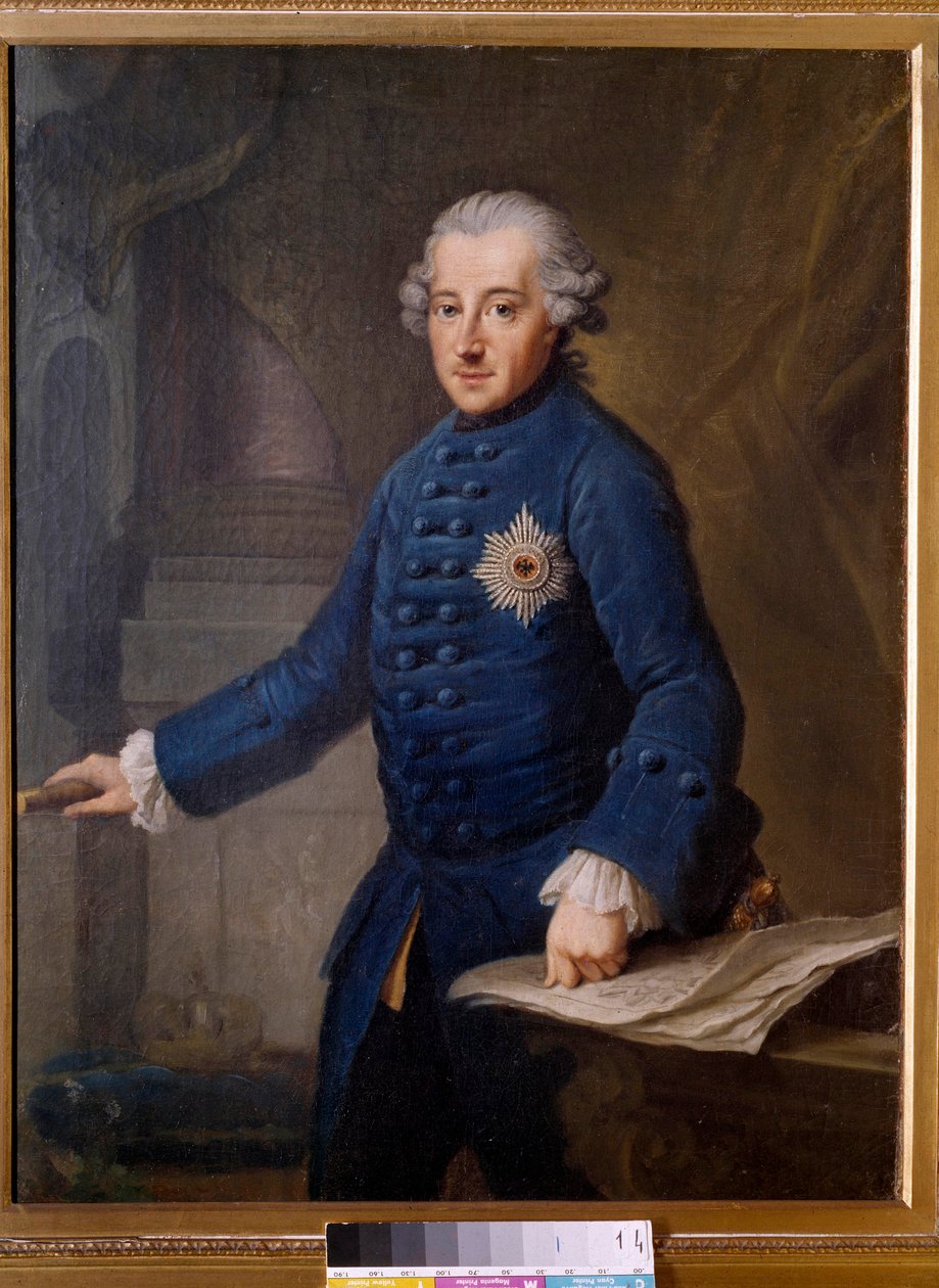 Portræt af Frederik II af Preussen (1712-1786) Kongen af Preussen Frederik II af Preussen kaldet Frederik den Store var en oplysende despot, der bar idealerne fra Lysets århundrede. Maleri af Johan Ziesenis (1716-1776). 1769. Frankfurt. Historisk Mus af Johann Georg Ziesenis