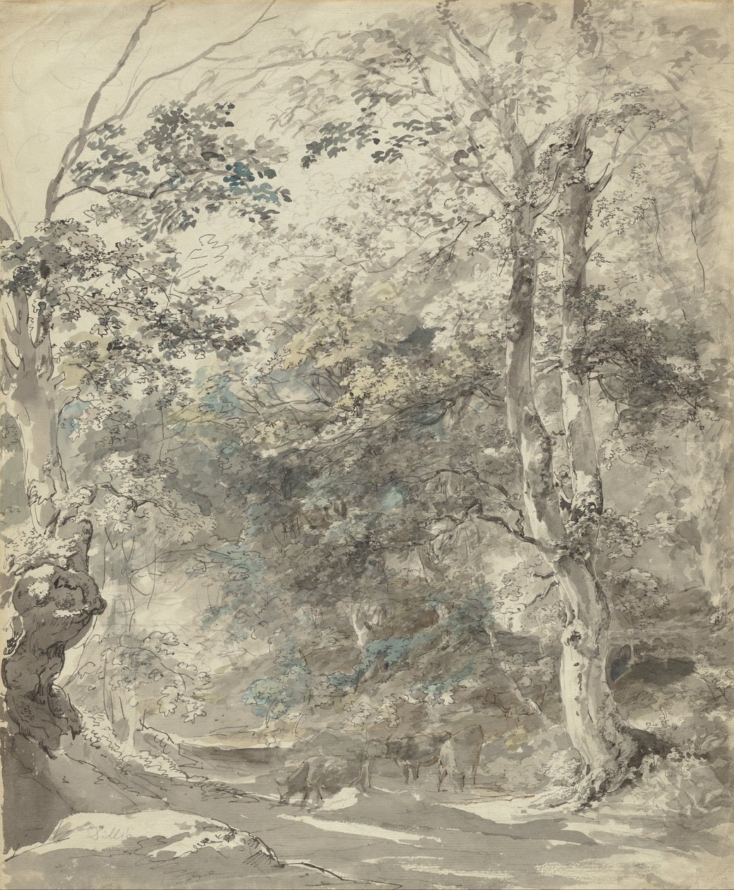 Skovklædt landskab med køer af Johann Georg von Dillis