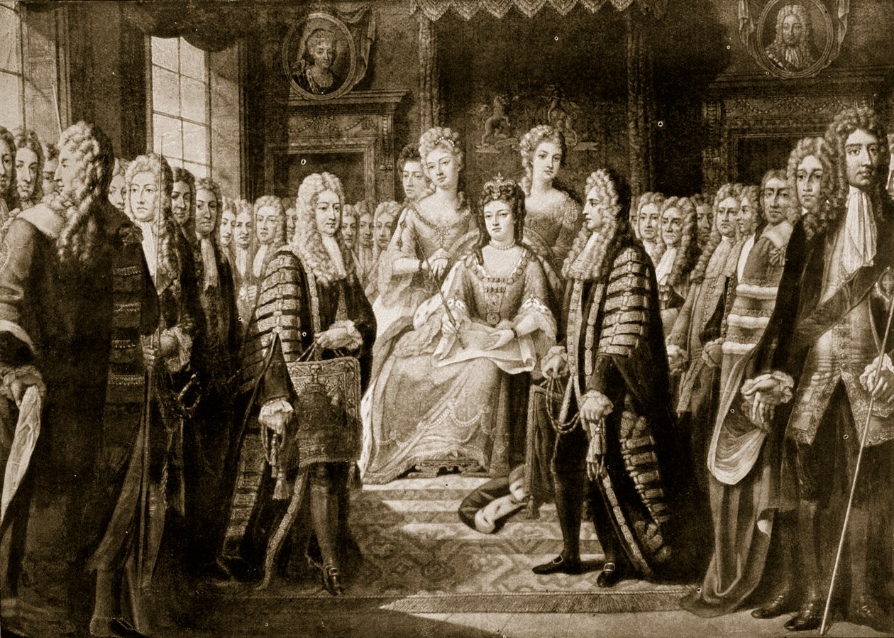 Unionsartikler bliver præsenteret for dronning Anne, 1706, illustration fra 