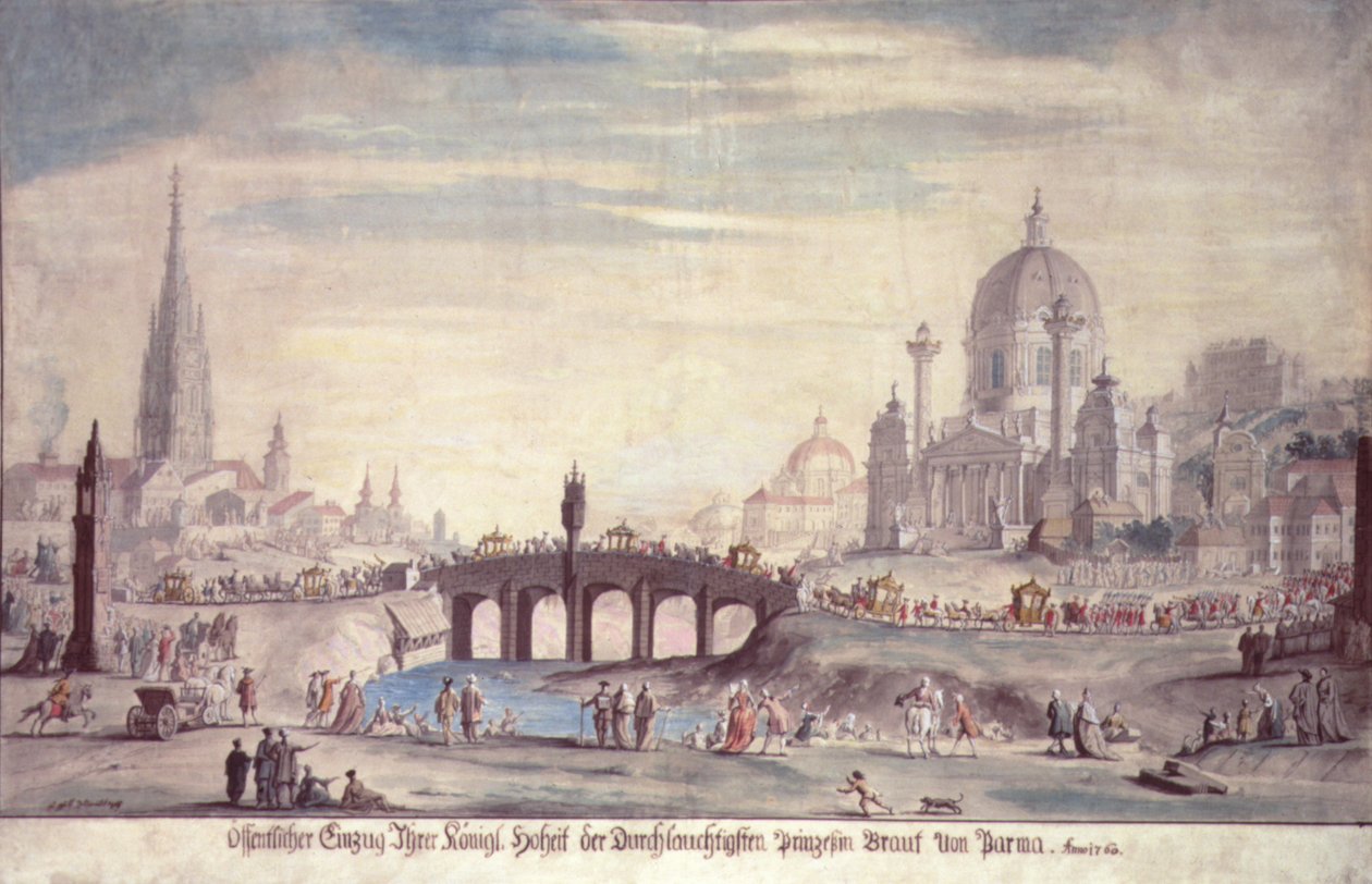 Offentlig optræden af Hendes Kongelige Højhed Prinsesse Isabella af Parma, hustru til Joseph II af Østrig (1741-90), 1760 af Johann Gfall
