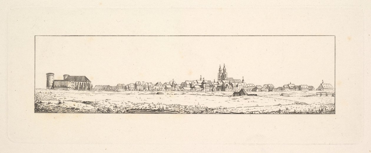 Udsigt over en gammel by med en kirke og høje gavlhuse.n.d. af Johann Gottfried Schadow