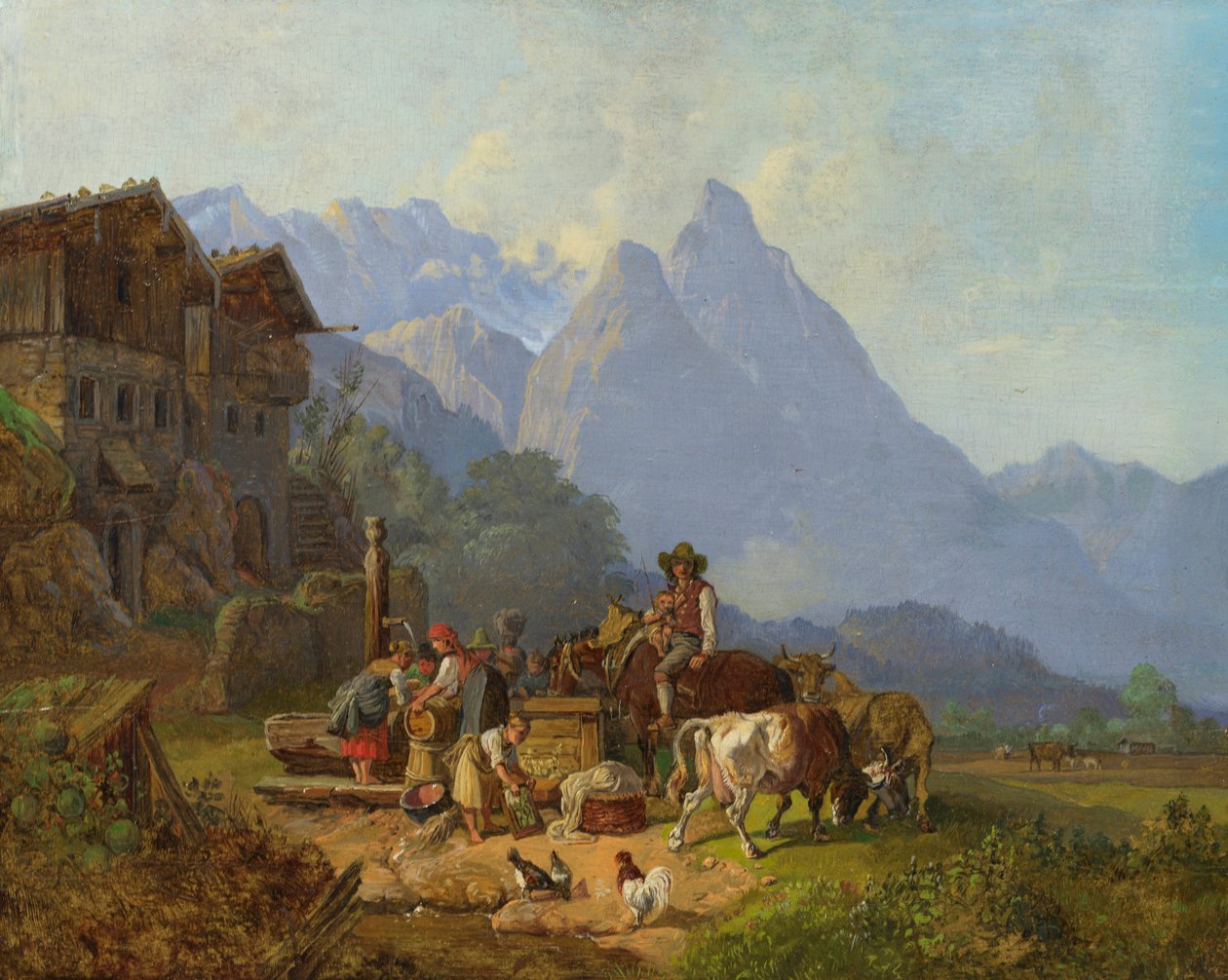 Heinrich Bürkel Bjerglandsby med springvand ca. 1845 af Johann Gottfried Steffan