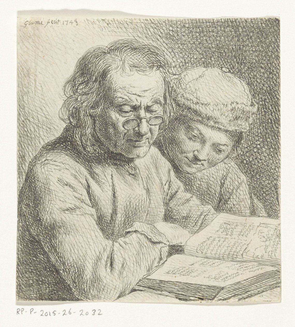 Mand og dreng læser i en bog af Johann Gottlieb Glume