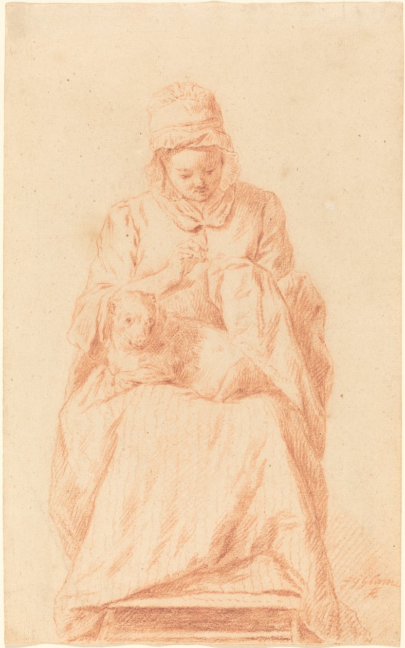 Ung kvinde syr med en hund hvilende på hendes skød af Johann Gottlieb Glume