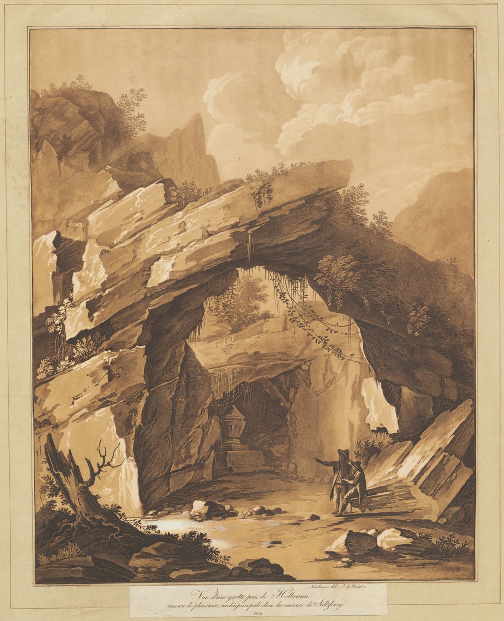 Udsigt over grotten ved Heilbrunn, nær Salzburg af Johann Gottlieb Prestel, after Schellinger