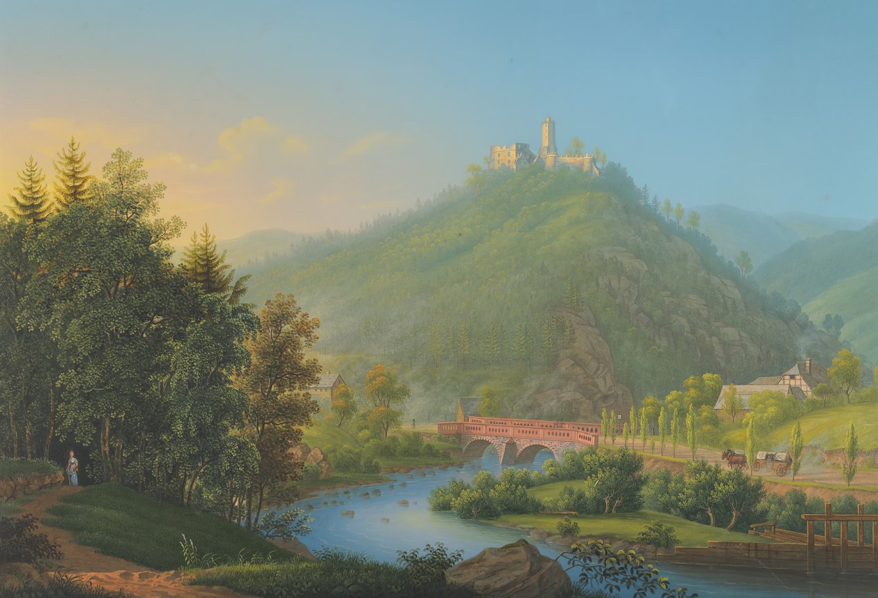 Udsigt over Kynsburg over Weistritz-floddalen i Schlesien, slutningen af det 18.-19. århundrede. af Johann Heinrich Bleuler
