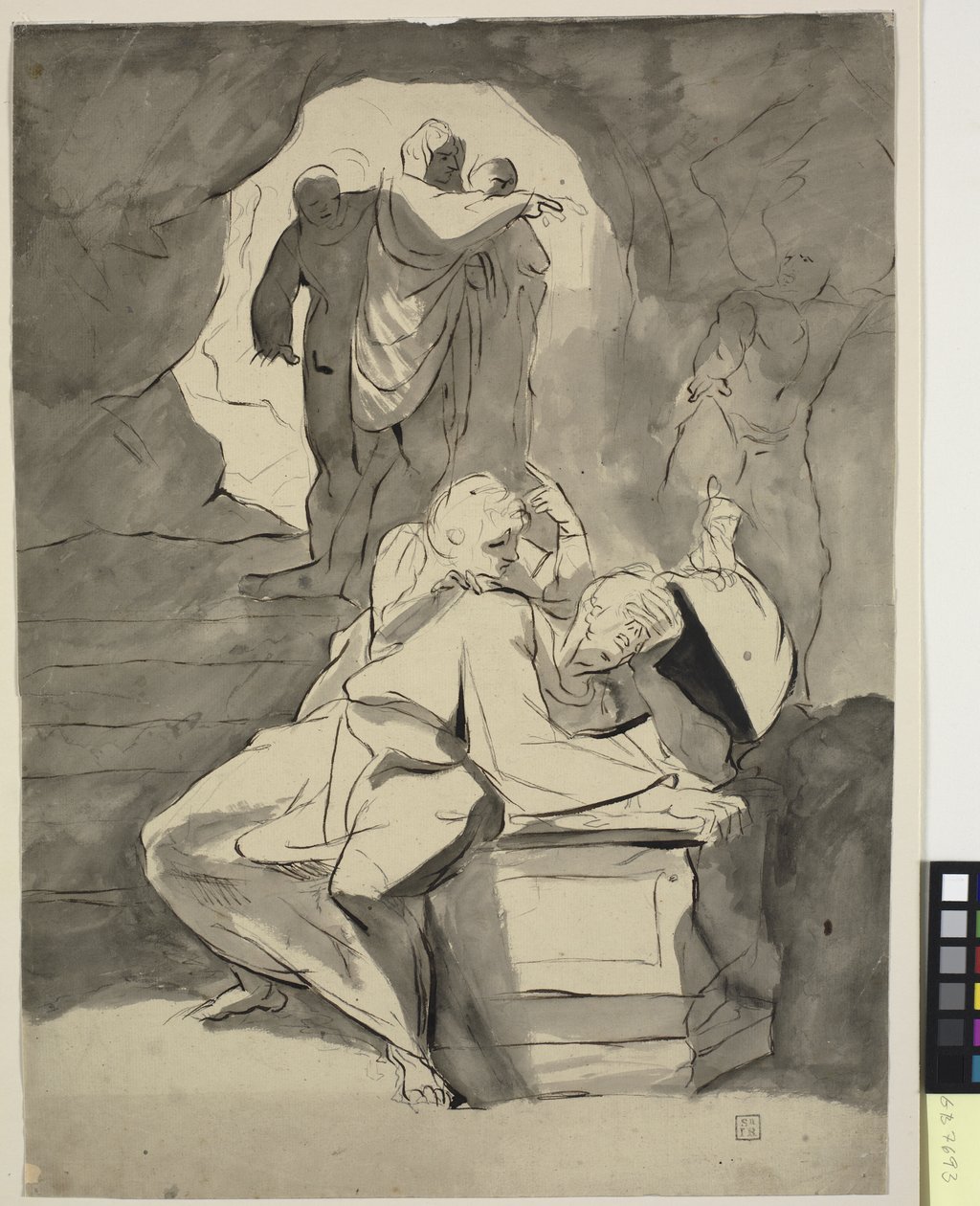 En mand i fortvivlelse over en gravsten i en hule med andre figurer af Johann Heinrich Füssli