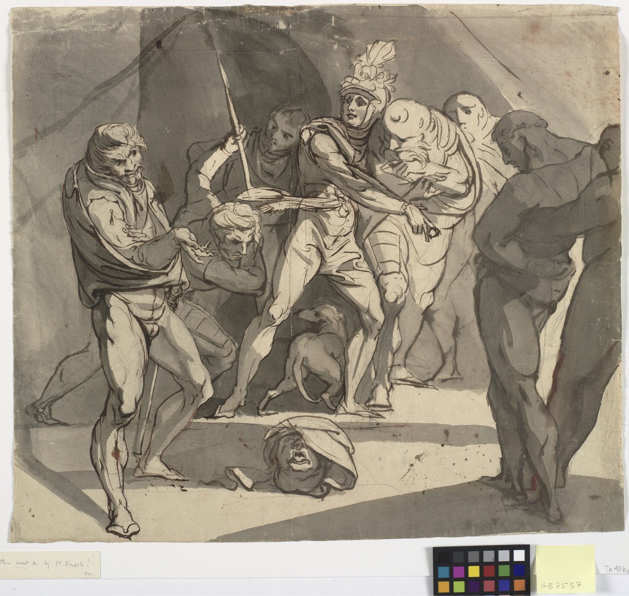 Richard Plantagenet kaster det afhuggede hoved af hertugen af Somerset for fødderne af sin far. Illustration til Shakespeares Henry VI, del 3, akt 1, linje 20 af Johann Heinrich Füssli