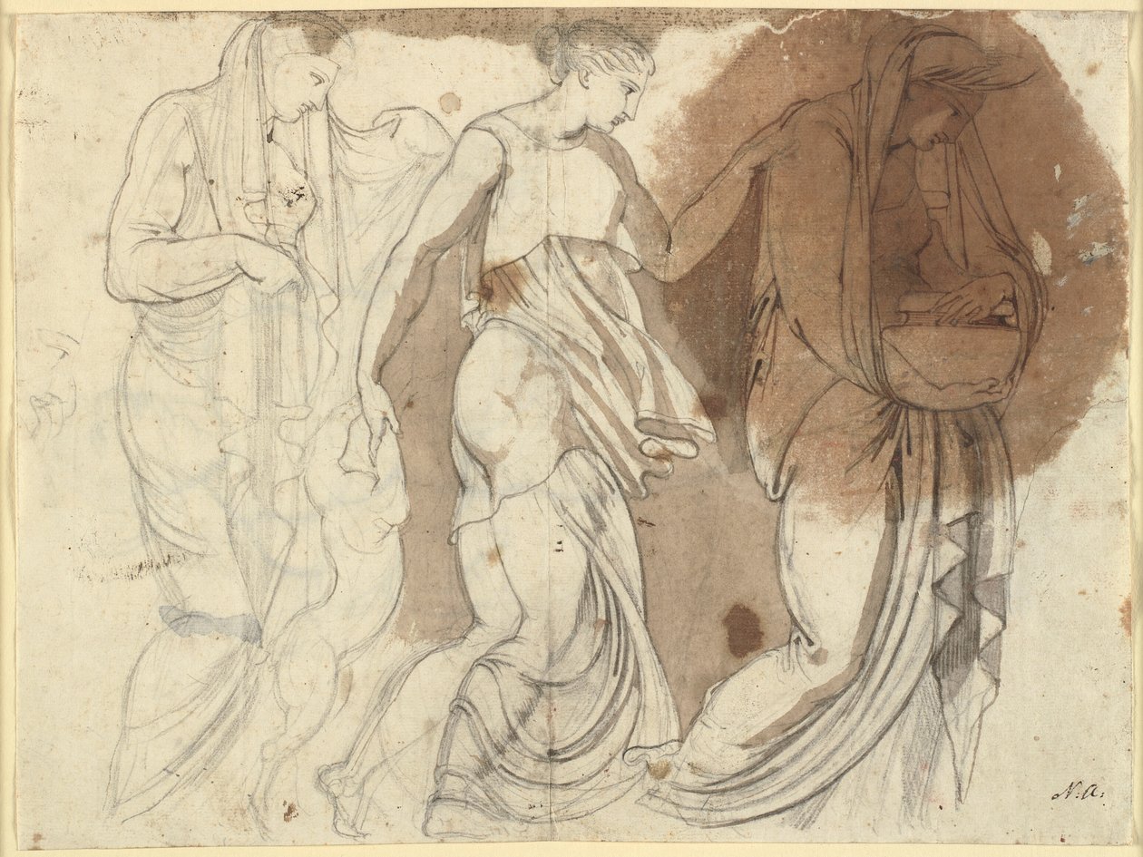 Tre kvindefigurer, reliefagtigt anordnede. Tre Horae? (B.S.) af Johann Heinrich Füssli
