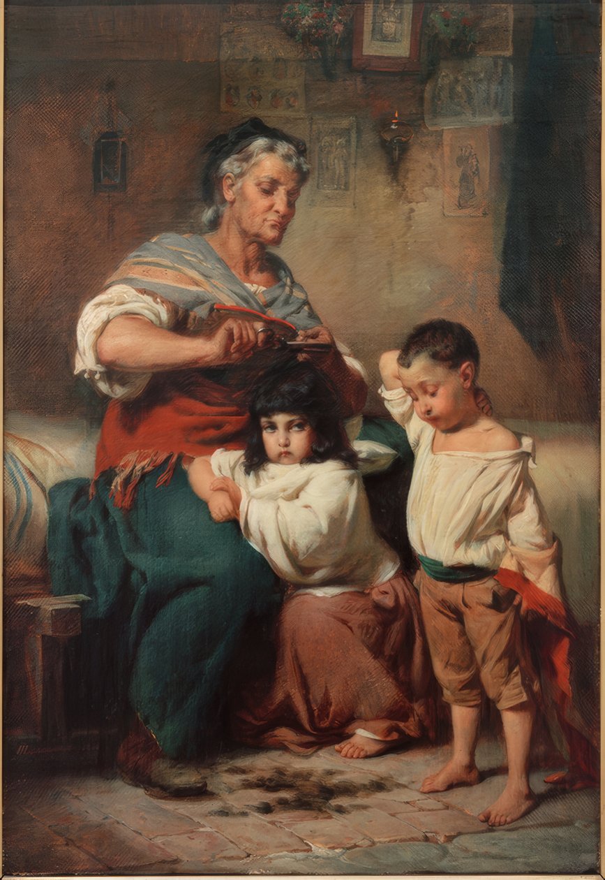 Bedstemor klipper sine børnebørns hår af Johann Heinrich Hasselhorst