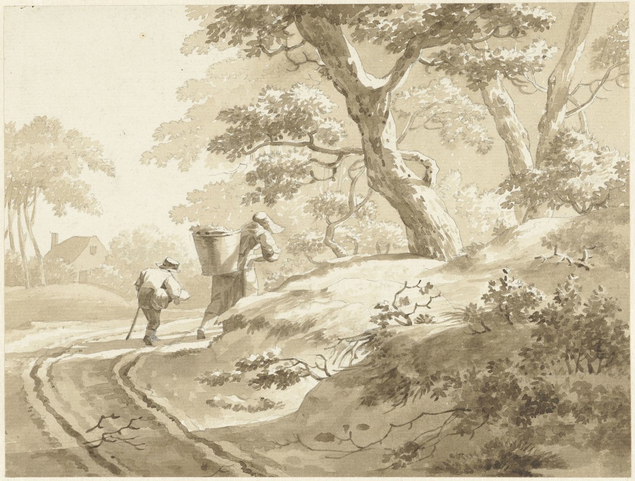 Landskab med en kvinde og en dreng på en landevej af Johann Heinrich Keller (II) (possibly)