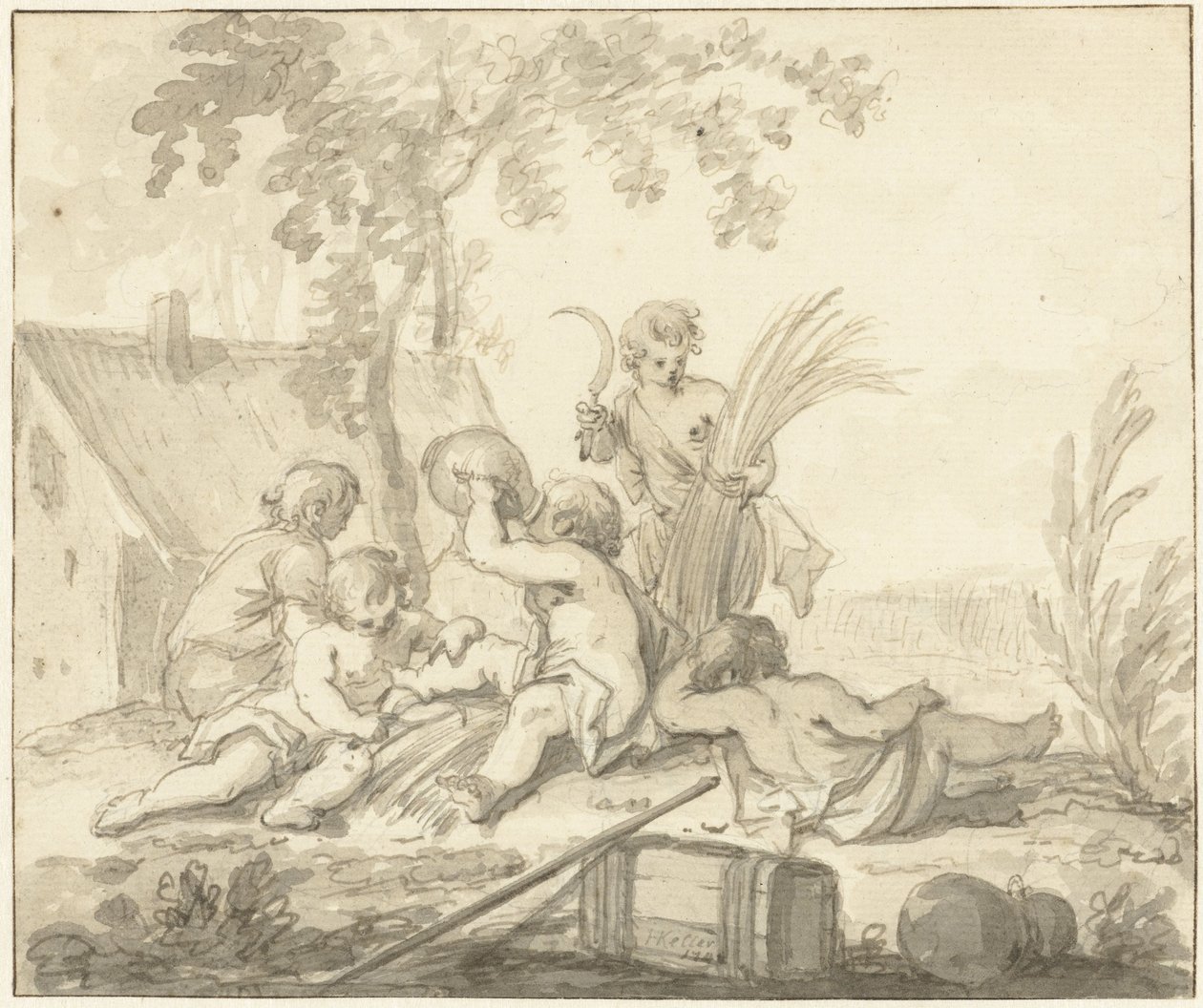 Allegorisk repræsentation med børn og landbrugets egenskaber af Johann Heinrich Keller (II)